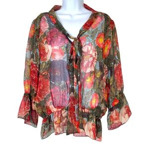 Haute Hippie Womens Silk Sheer‎ Floral Blouse Size Small Boho Cottage Romantic
